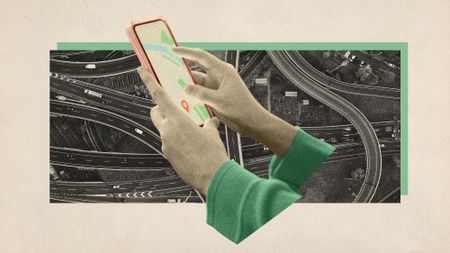 Photo collage of hands using a smartphone to map a route, with an aerial shot of a convoluted highway junction in the background