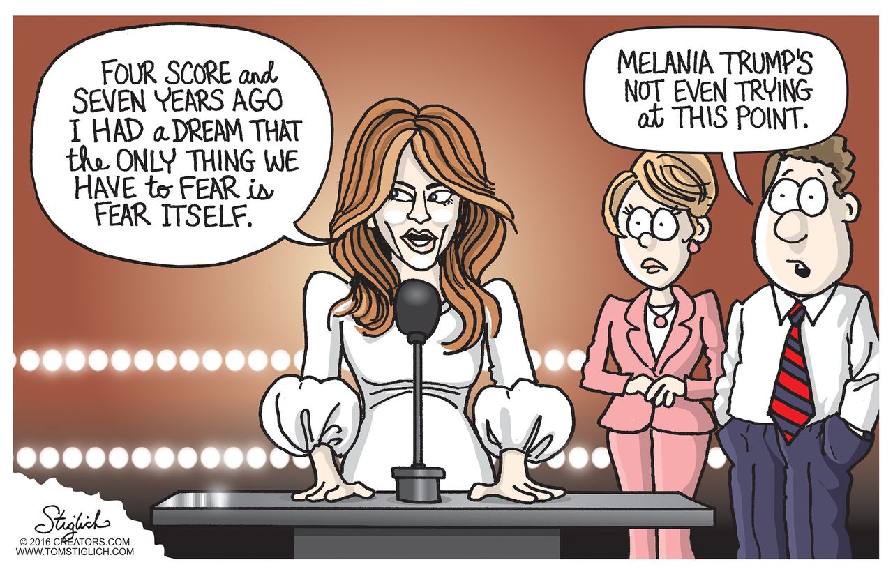 Political cartoon U.S. Melania Trump speech plagiarizing Lincoln