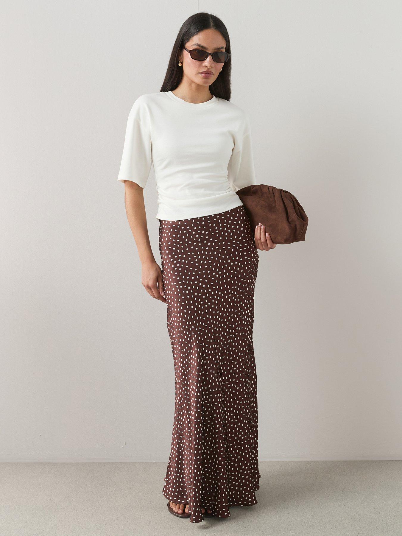 Satin Polka Dot Maxi Skirt - Brown - Brown - 8