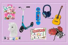Best toys for 8 year olds including a scooter, guitar, Monopoly board and skateboard