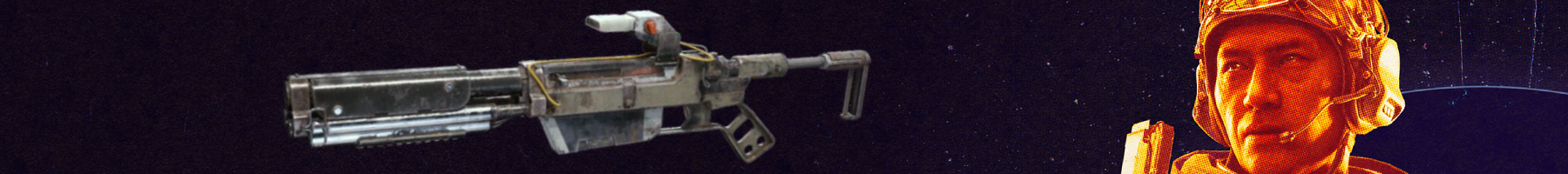 Arc Raiders best guns: A Vulcano against a grainy purple background with a close-up of an orange-hued character's face on the right side.
