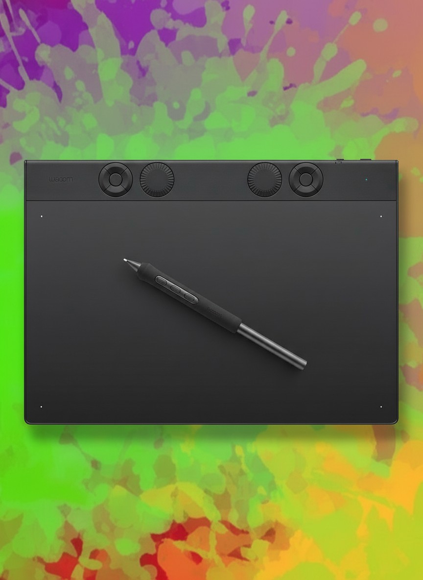 Black drawing tablets on colourful painted backgrounds