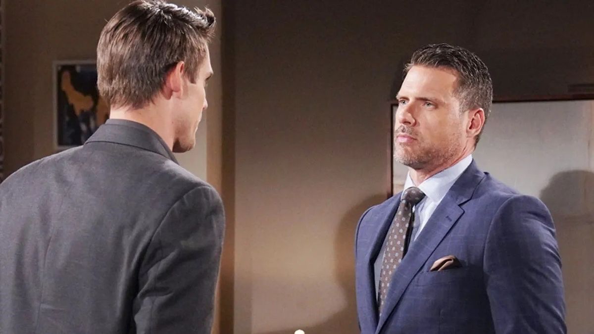 Mark Grossman and Joshua Morrow as Adam and Nick in a tense conversation in The Young and the Restless