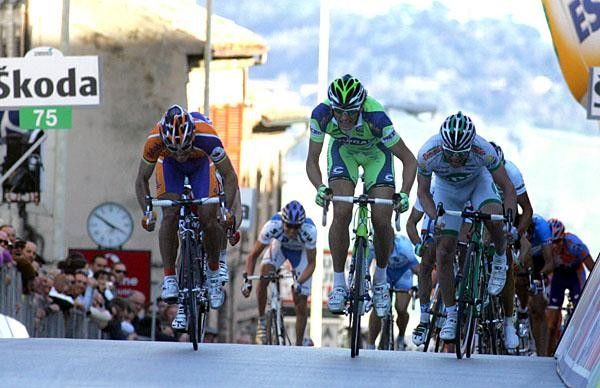 The sprint for victory and Pozzato looks like he's got it, but over his right shoulder trouble is brewing.