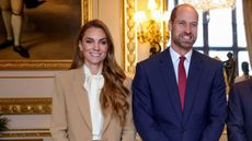 Catherine, Princess of Wales smiles for a photo as she and Prince William receive Jordan's Crown Prince Al Hussein bin Abdullah II and his wife Princess Rajwa Al Hussein at Windsor Castle