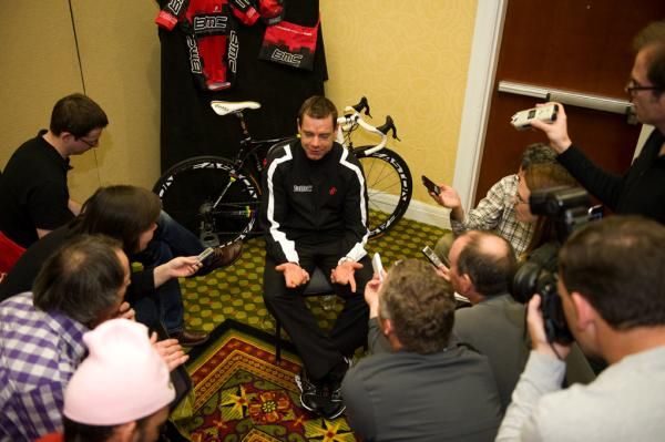 As expected, Cadel Evans was the centre of attention for the gathered media