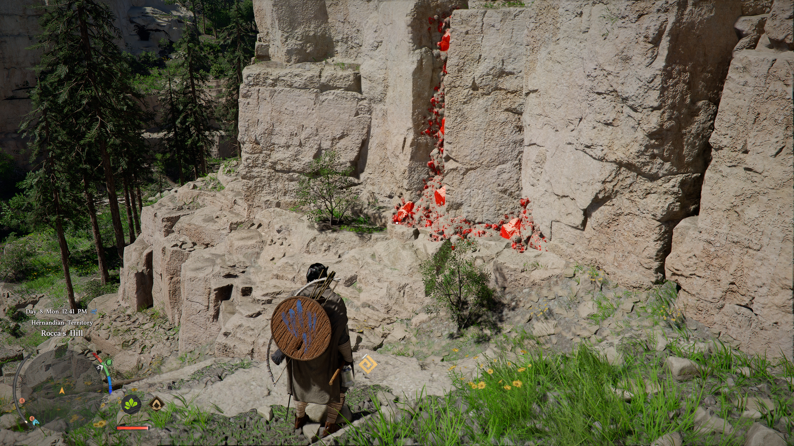 Crimson Desert Bloodstone: Kliff looking at a Bloodstone ore deposit in a cliff.