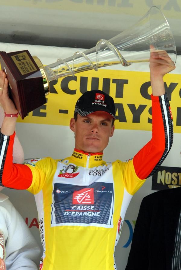 Luis Leon Sanchez (Caisse d'Epargne) celebrates on the podium after winning the event.