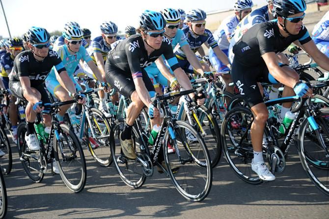2012 Tour de France champion Bradley Wiggins (Sky) rolls along in the peloton at the Tour of Oman.