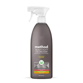 A side on view of a bottle of Method Lemongrass Cleaning Products Kitchen Degreaser with white spray lid