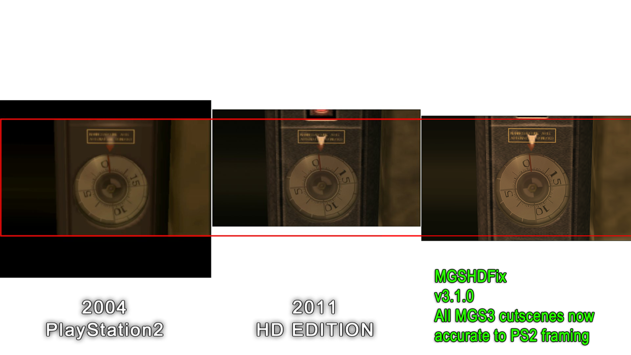 Comparison image between the original MGS3 and Bluepoint's HD remaster, showing the bottom cut off in the latter.