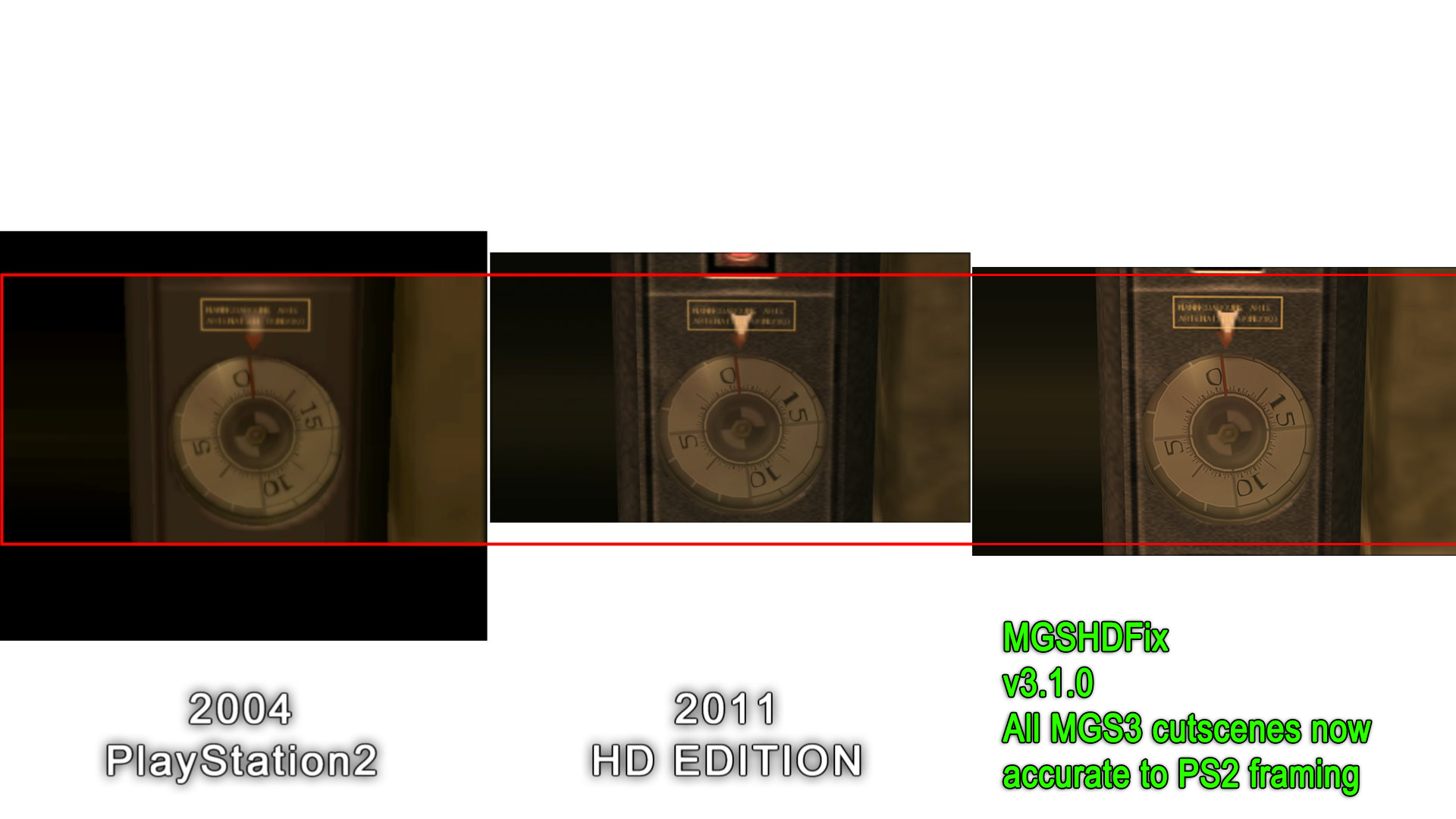 Comparison image between the original MGS3 and Bluepoint's HD remaster, showing the bottom cut off in the latter.