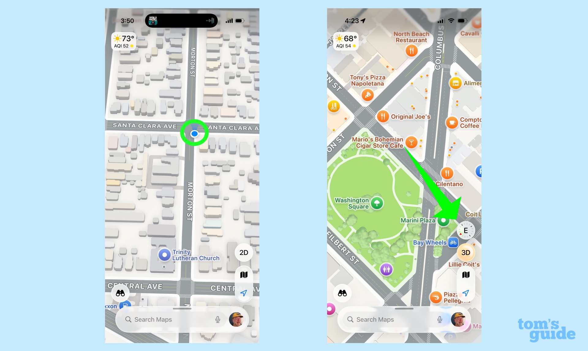 blue dot locator and compass on maps app