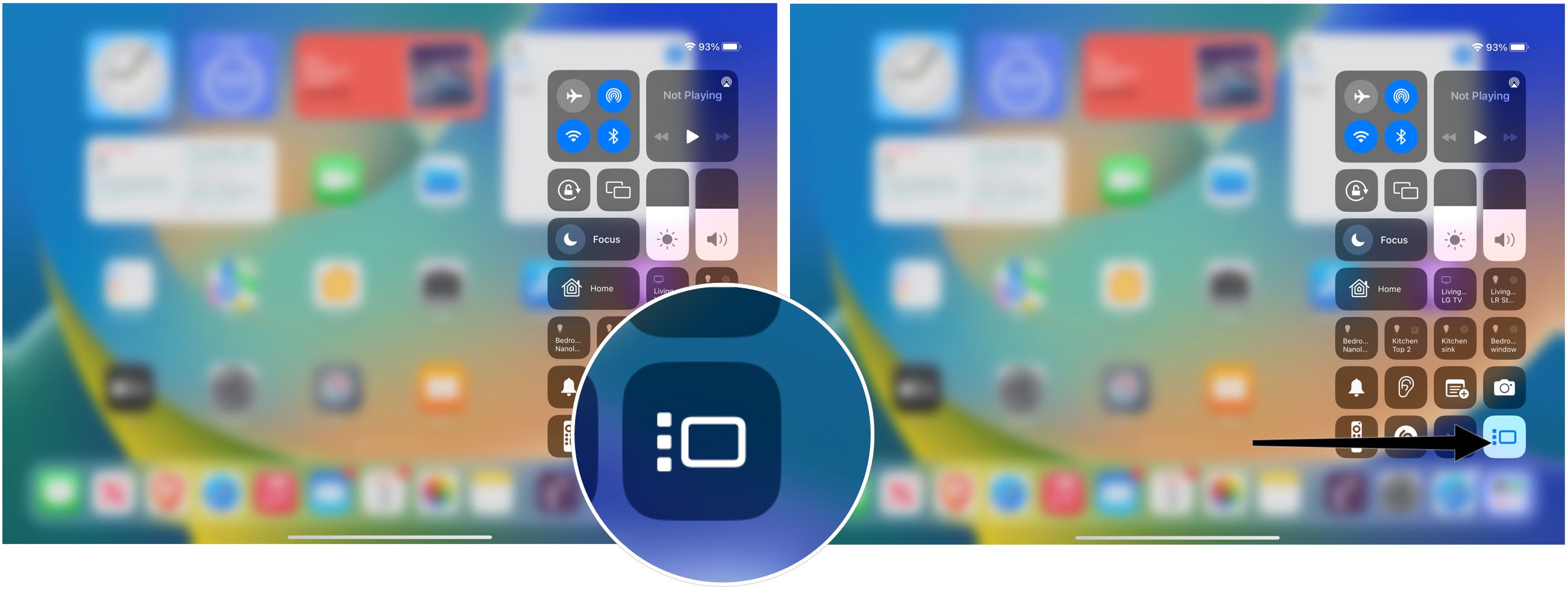 To turn on Stage Manager from Control Panel on iPadOS 16: Pull your finger down from the top right of the screen to bring up Control Center. Tap the Stage Manager icon to activate.