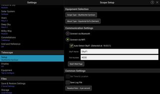 To connect the SkySafari 5 app to your wireless telescope controller, enter the app's Telescope Setup menu. Then, select your telescope type and mount type from the drop-down lists, and set the Communications Settings to Auto-Detect SkyFi.