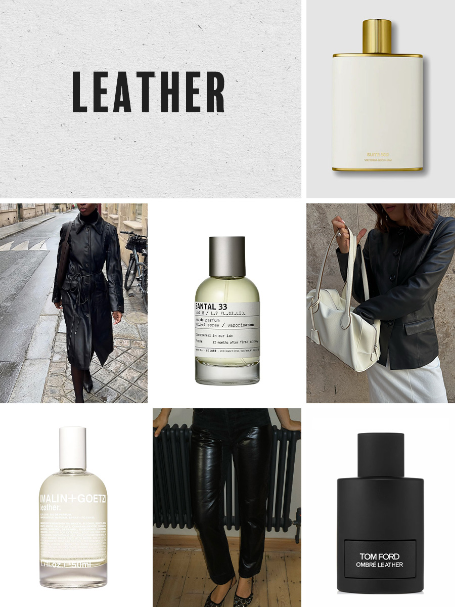 A collage of leather outfits and leather-inspired perfumes