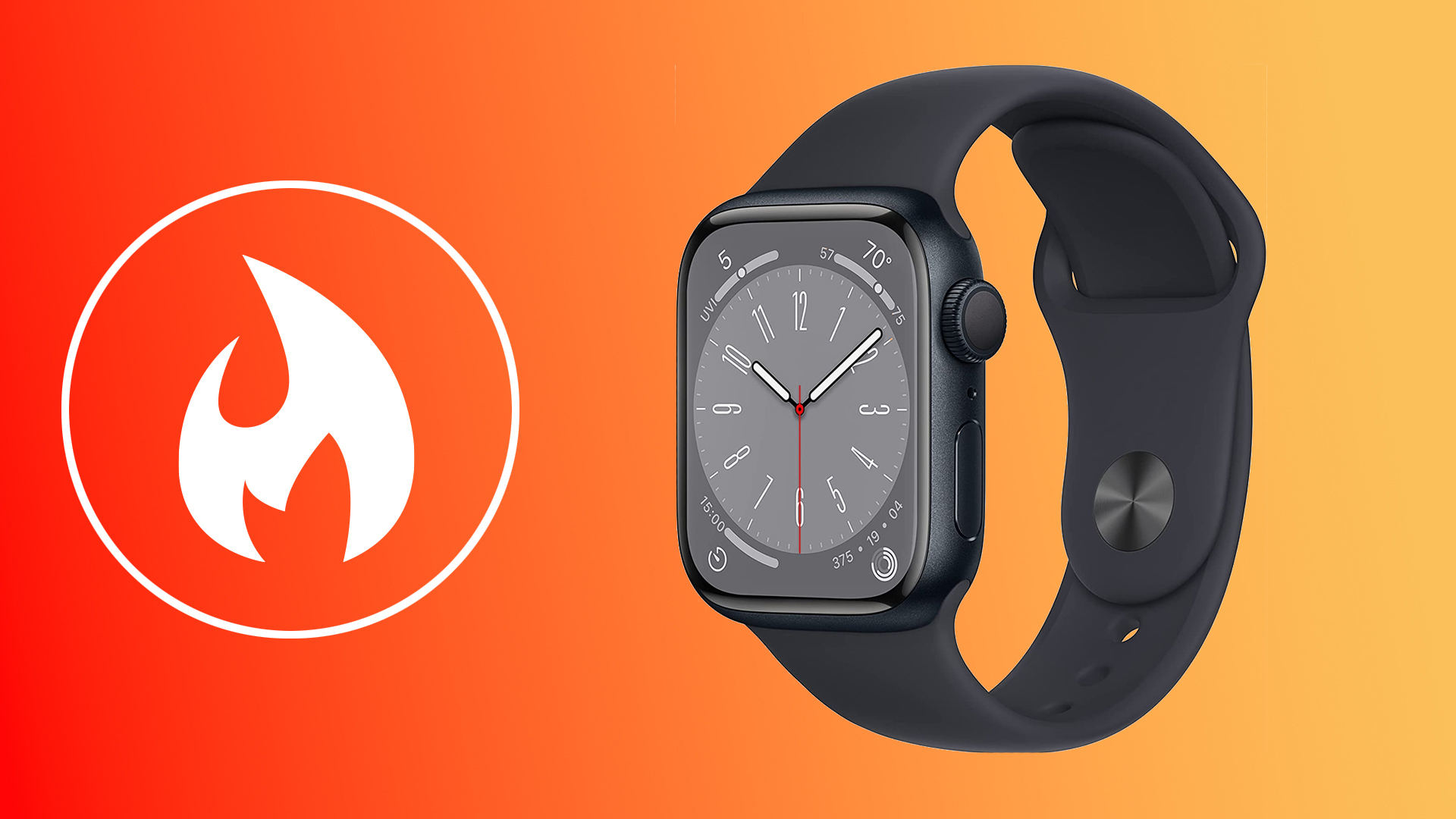 Apple Watch 8 on a orange gradient background with a flame icon to its left
