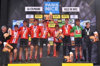 VALDEBLORE LA COLMIANE FRANCE MARCH 14 Podium Michael Matthews of Australia and Team Sunweb Nikias Arndt of Germany and Team Sunweb Tiesj Benoot of Belgium and Team Sunweb Green Sprint Jersey Cees Bol of The Netherlands and Team Sunweb Nico Denz of Germany and Team Sunweb Nils Eekhoff of The Netherlands and Team Sunweb Chris Hamilton of Australia and Team Sunweb Sren Kragh Andersen of Denmark and Team Sunweb Celebration Nest Team during the 78th Paris Nice 2020 Stage 7 a 1665km stage from Nice to Valdeblore La Colmiane 1500m Paris Nice 2020 final stage as part of the fight against the spread of the Coronavirus ParisNice parisnicecourse PN on March 14 2020 in Valdeblore La Colmiane France Photo by Luc ClaessenGetty Images