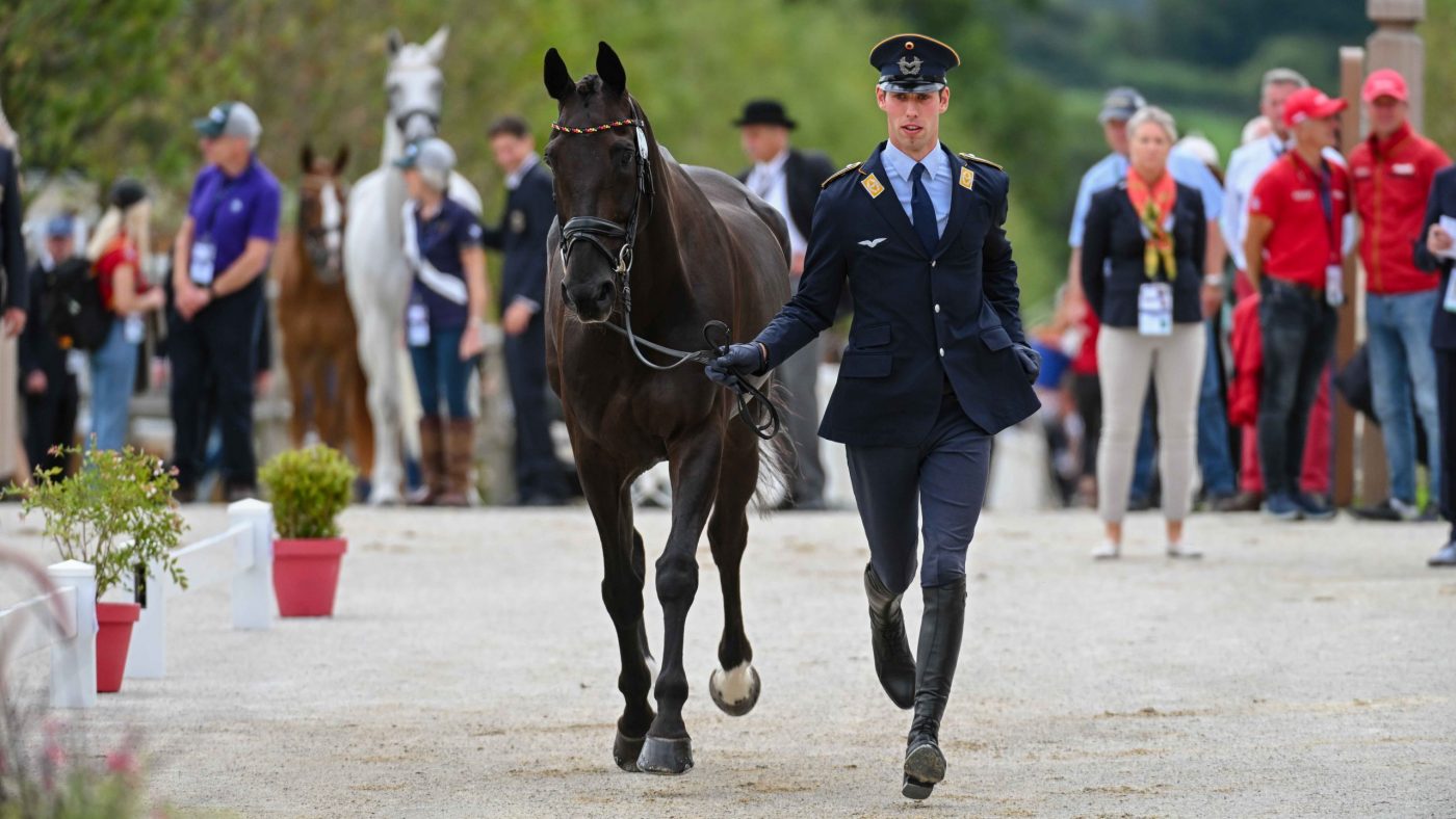 Jerome ROBINE riding BLACK ICE for GER during the 1st Horse Inspection at the FEI Eventing European Championship in Haras du Pin in Normandy in France between the 9th-13th August 2023