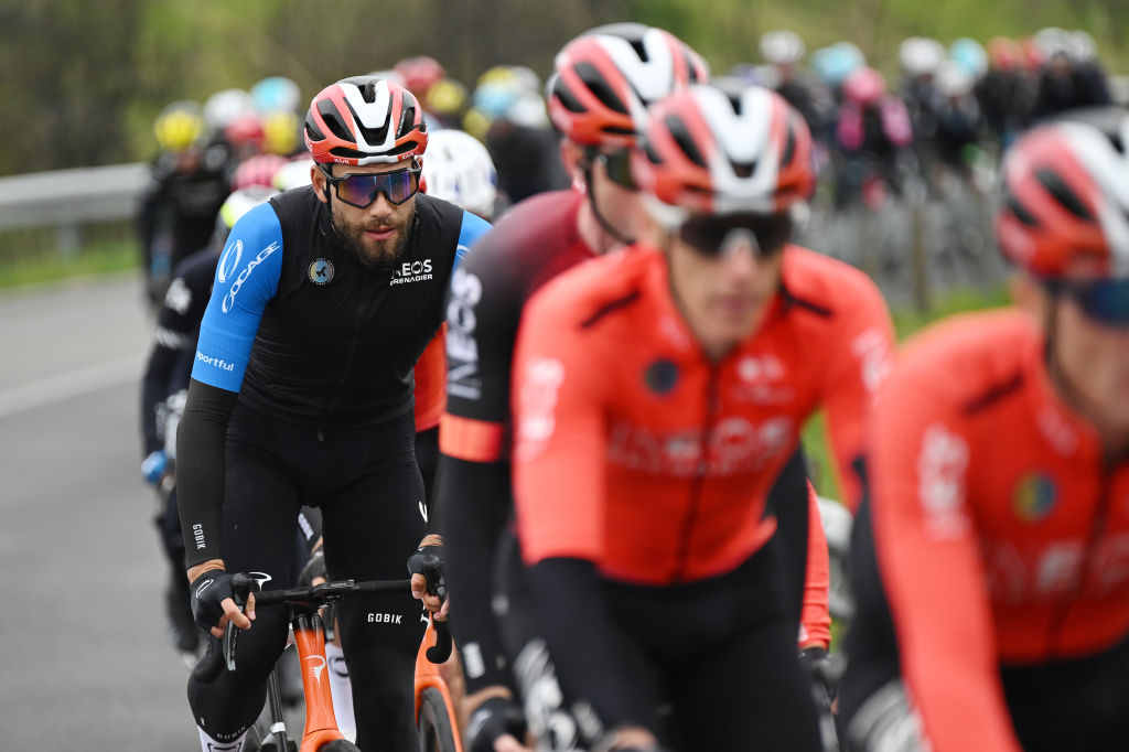 COLFIORITO ITALY MARCH 12 Filippo Ganna of Italy and Team INEOS Grenadiers Blue Leader Jersey compete during to the 60th TirrenoAdriatico 2025 Stage 3 a 239km stage from Follonica to Colfiorito UCIWT on March 12 2025 in Colfiorito Italy Photo by Tim de WaeleGetty Images