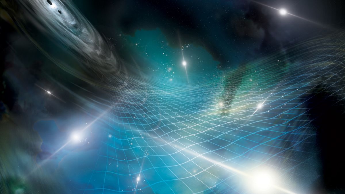 Artist&#039;s interpretation of an array of pulsars being affected by gravitational ripples produced by a supermassive black hole binary in a distant galaxy.