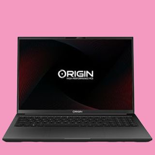 An Origin laptop against a pastel teal background