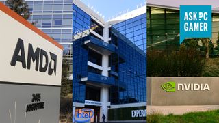 Intel, AMD, and Nvidia headquarters with the Ask PC Gamer logo in the upper right