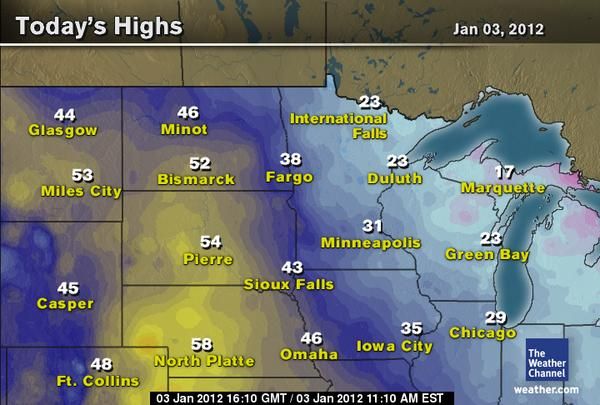 Jan. 3 temperatures across the Midwest. Credit: The Weather Channel