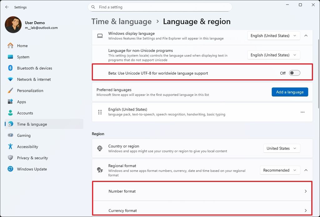 New Regional format settings