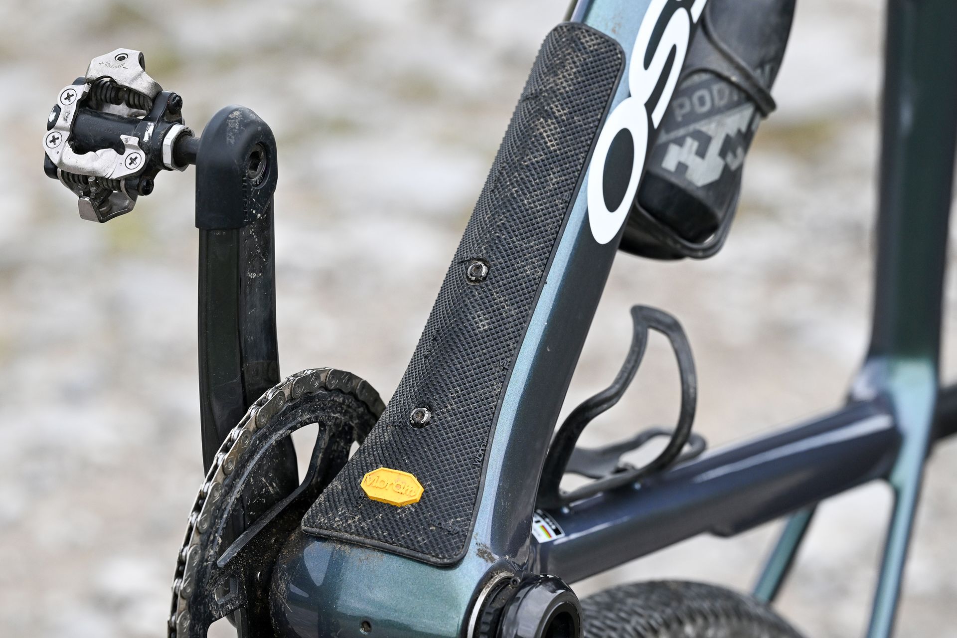 close up of the Vibram rubber down tube protector on the Basso Palta III