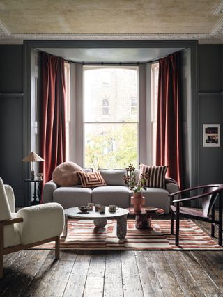 Grey and dark red living room