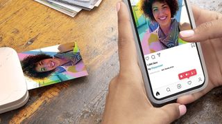 HP Sprocket Select photo printer being shown printing off an Instagram photo of a woman with frizzy hair.