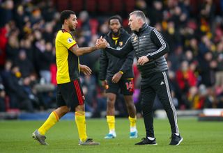 Deeney and Watford manager Nigel Pearson shake hands after the final whistle