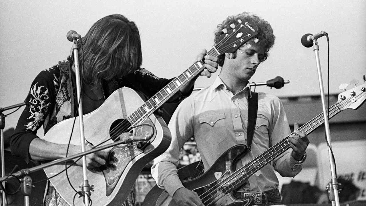 Gram Parsons and Chris Hillman of The Flying Burrito Brothers performing live in 1969