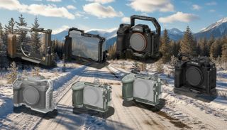 SmallRig cage on a mountainous snowy background with a blue sky 