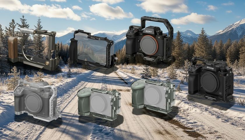 SmallRig cage on a mountainous snowy background with a blue sky 