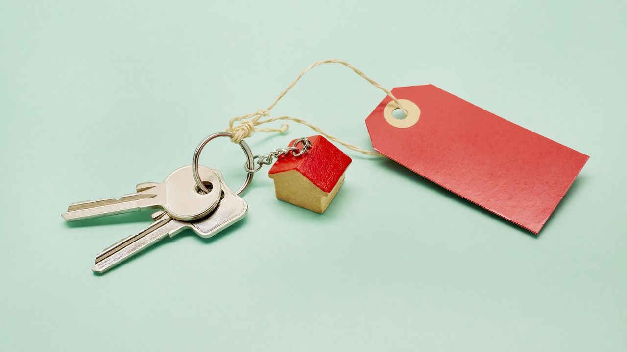 A price tag is attached to a set of keys with a tiny house as a key chain.