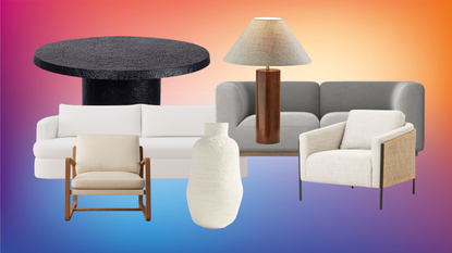 collection of furniture and decor from Pottery Barn over a colorful background