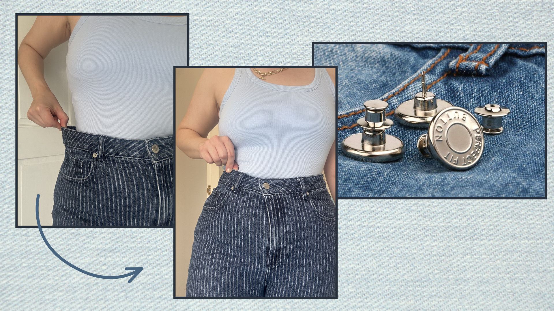 two shots of matilda wearing jeans next to a still life shot of the buttons