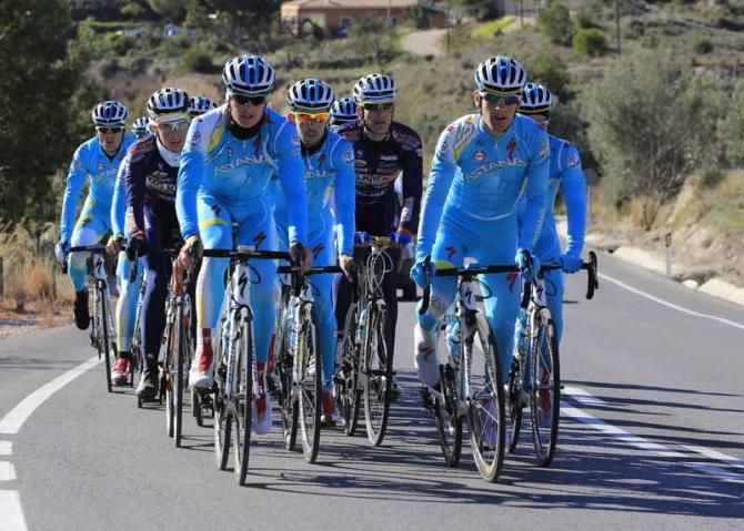 The Astana team ride in the foothills around Alicante