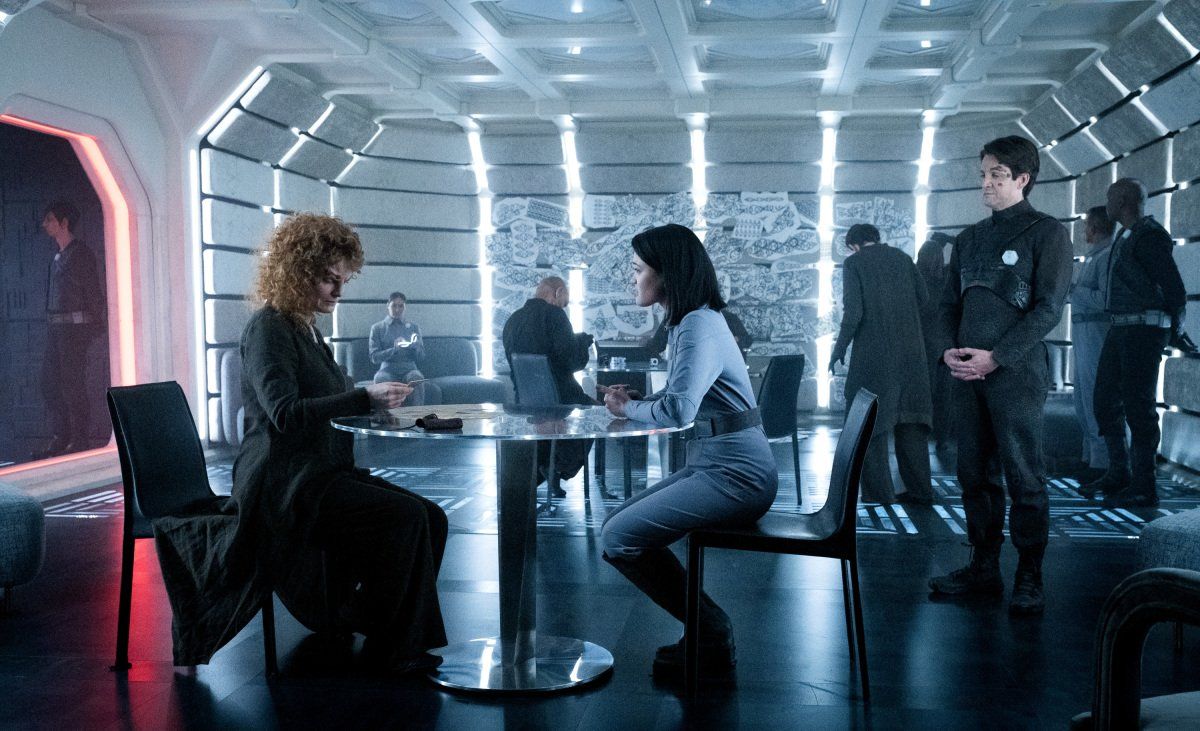 From left, Rebecca Wisocky as Ramdha; Isa Briones as Soji; Jonathan Del Arco as Hugh