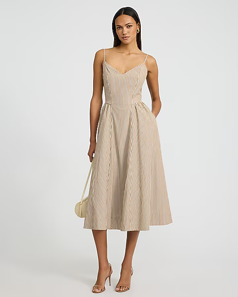Express, Striped V-Neck Sleeveless Drop Waist Smocked Back Midi Dress