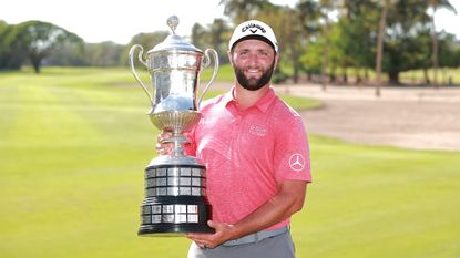 Jon Rahm with the trophy after his win in the 2022 Mexico Open at Vidanta Vallarta