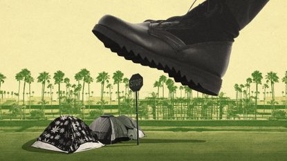 Photo collage of an enormous police boot looming over several tents. In the background, there are palm trees and buildings.