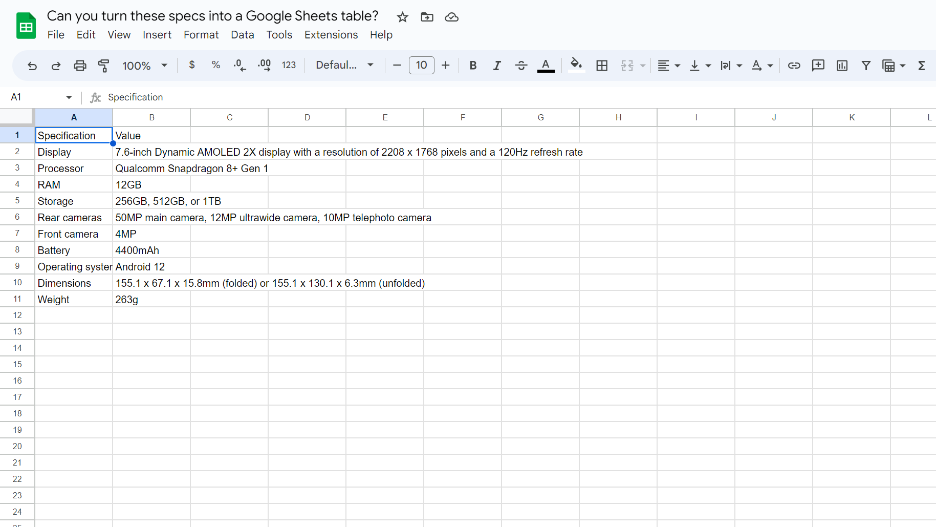 A table of Samsung Galaxy Z Fold 4 specs created by Google Bard that has been successfully exported to Google Sheets open in Google Sheets.