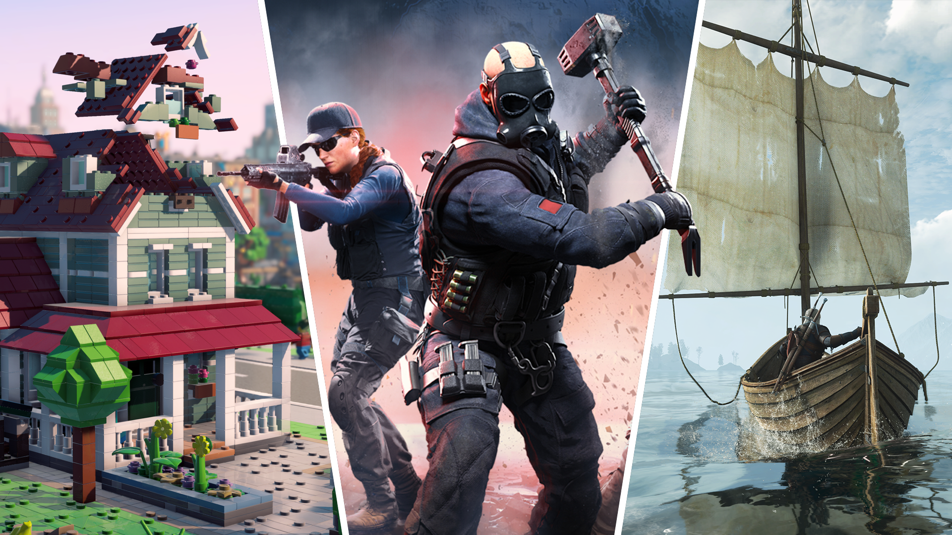 Art and screenshots from Lego Skylines, Rainbow Six Tactics, and The Witcher 3.