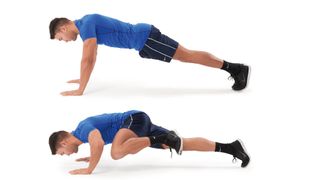 Man demonstrating how to do a Spider-Man push-up