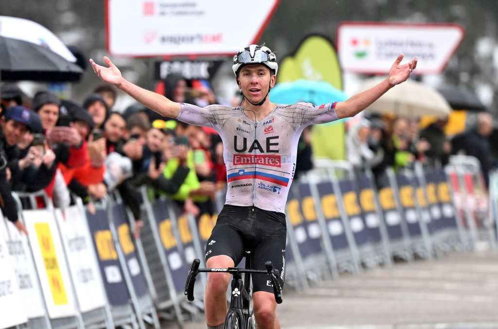 VALLTER 2000 SETCASES VALL DE CAMPOPRODON SPAIN MARCH 19 EDITORS NOTE Alternate crop Tadej Pogacar of Slovenia and UAE Emirates Team celebrates at finish line as stage winner during the 103rd Volta Ciclista a Catalunya 2024 Stage 2 a 1865km stage from Mataro to Vallter 2000 Setcases Vall de Campoprodon 2146m UCIWT on March 19 2024 in Setcases Vall de Campoprodon Spain Photo by David RamosGetty Images