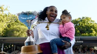auckland, new zealand january 12 serena williams of the usa celebrates with daughter alexis olympia after winning the final match against jessica pegula of usa at asb tennis centre on january 12, 2020 in auckland, new zealand photo by hannah petersgetty images