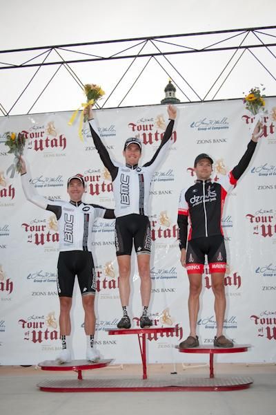 The top three (l-r): Ian McKissick (BMC, third), Brent Bookwalter (BMC, first) and Dave Zabriskie (DZNutz, second).